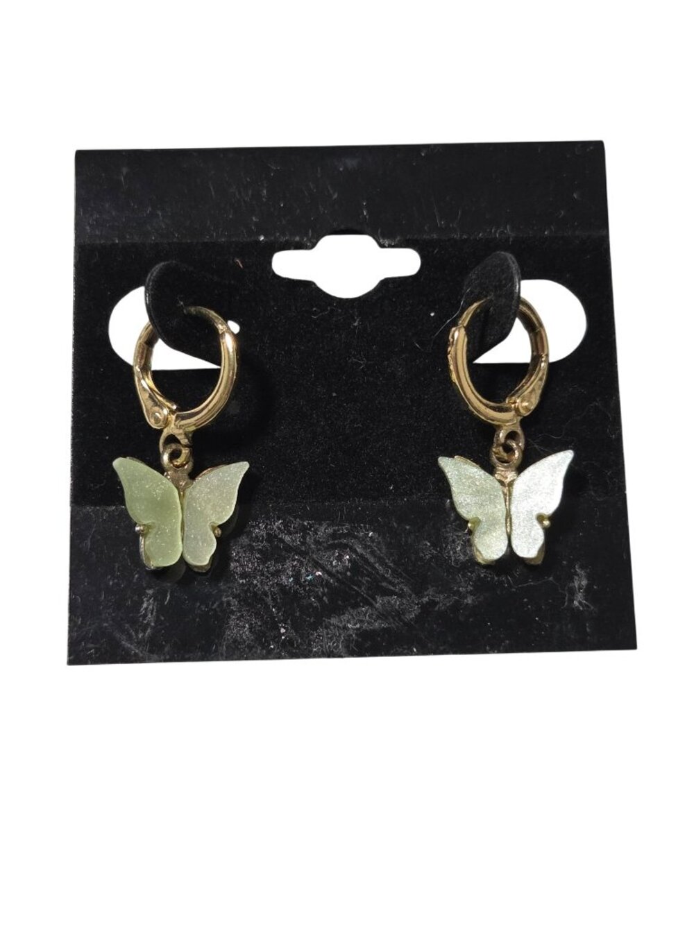 Retro Butterfly Hoop Earrings Gold Tone Green Glitter Accents Trendy  Jewelry